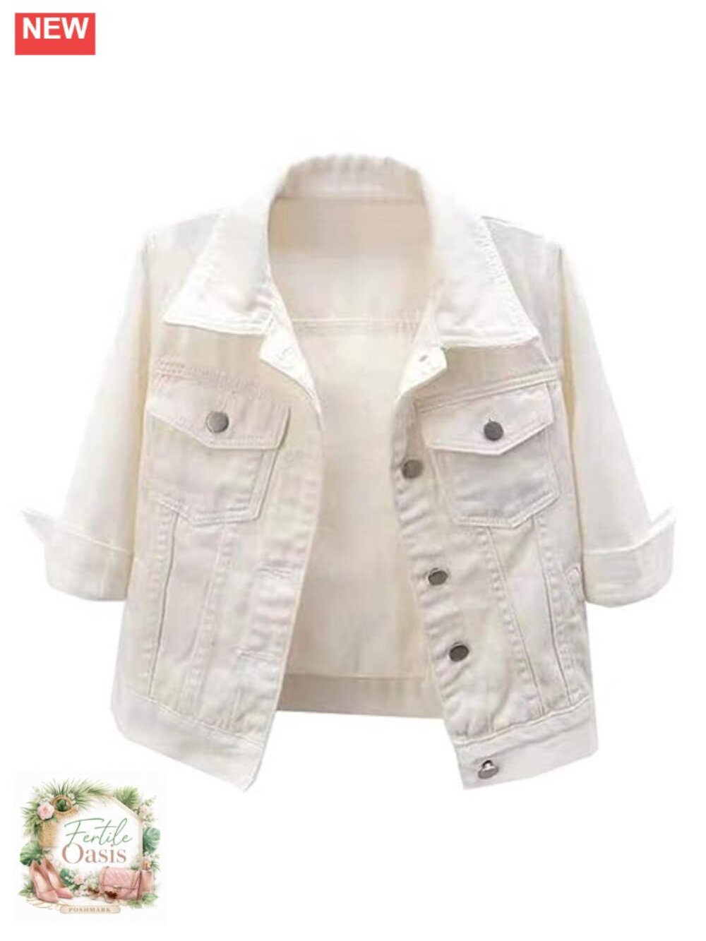 Women's Cropped Denim Jacket 3/4 Sleeve Button Front Cotton Blend